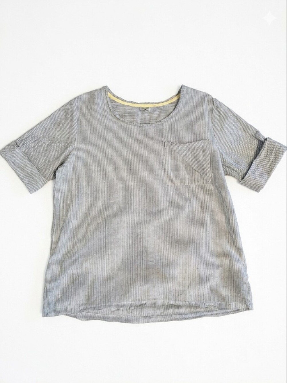 SYMPLE NYC Linen Striped Top Small Gray White Coastal Grandmother Lagenlook